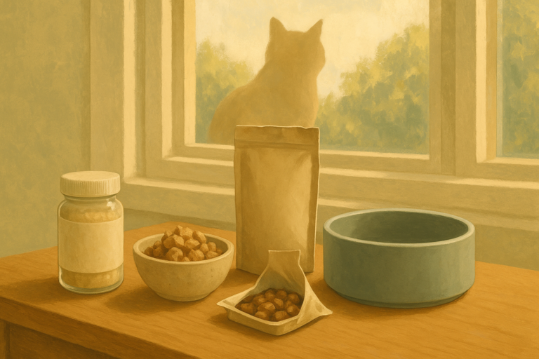 Still-life illustration of three small unlabelled containers of cat food toppers next to an empty bowl, with a cat silhouette by a sunlit window in the background.