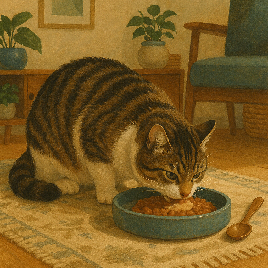 Illustration of a cat leaning eagerly into a shallow dish of food with a freshly added topper visible on the surface.