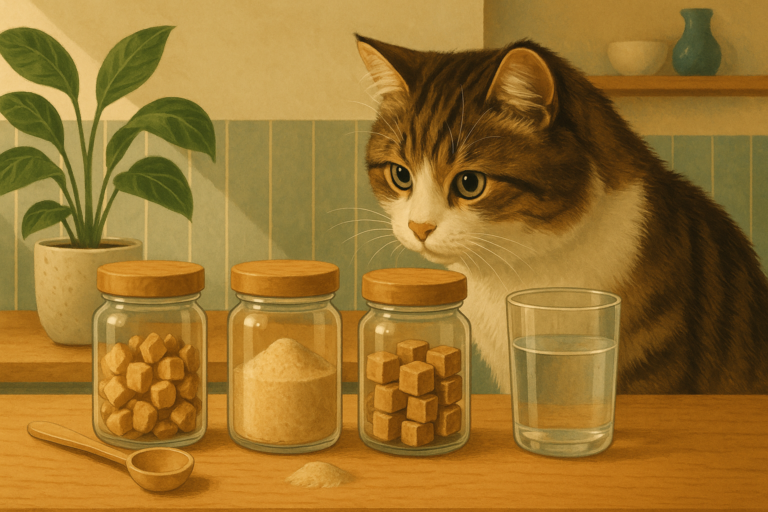 Still-life illustration of three plain glass jars holding different forms of freeze-dried cat food on a kitchen counter, with a curious cat investigating from the edge of the frame.