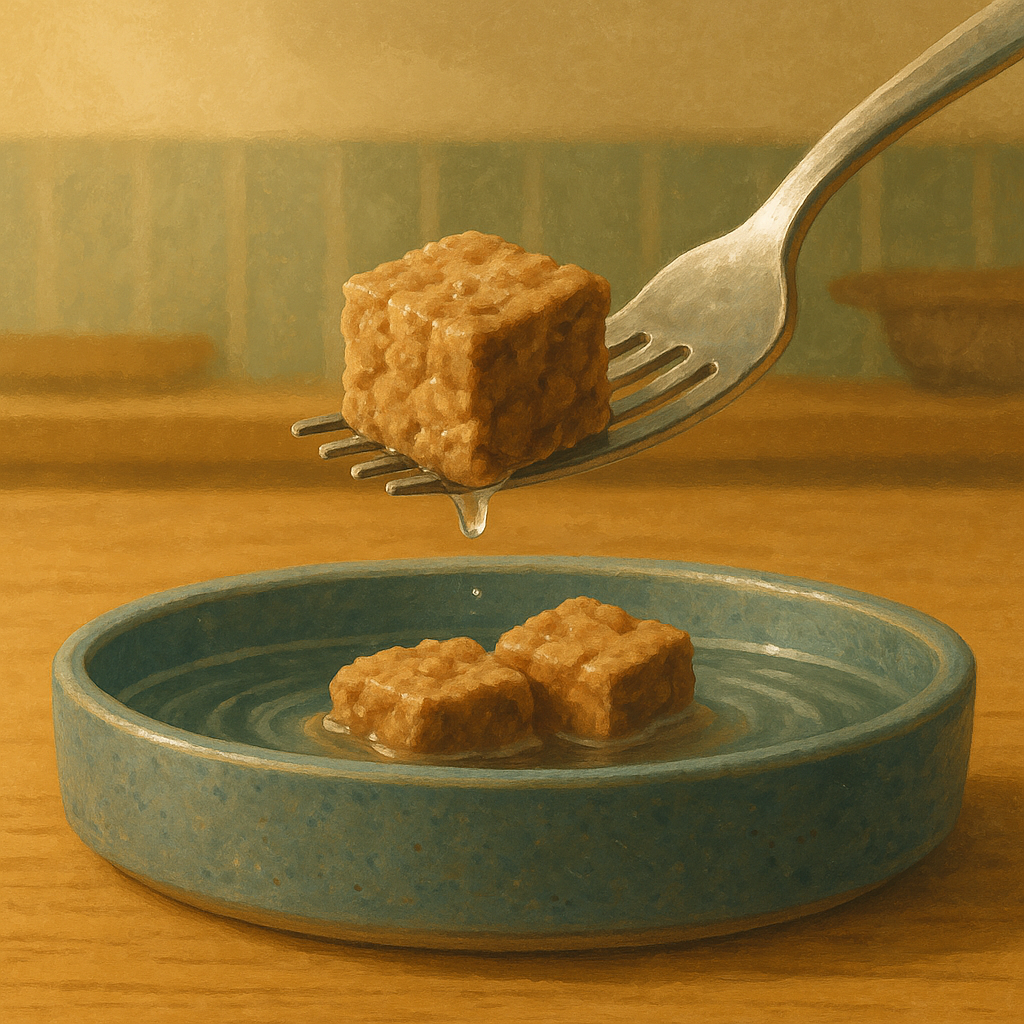 Texture-focused illustration of a fork lifting a moist chunk of rehydrated freeze-dried cat food above a shallow ceramic dish.