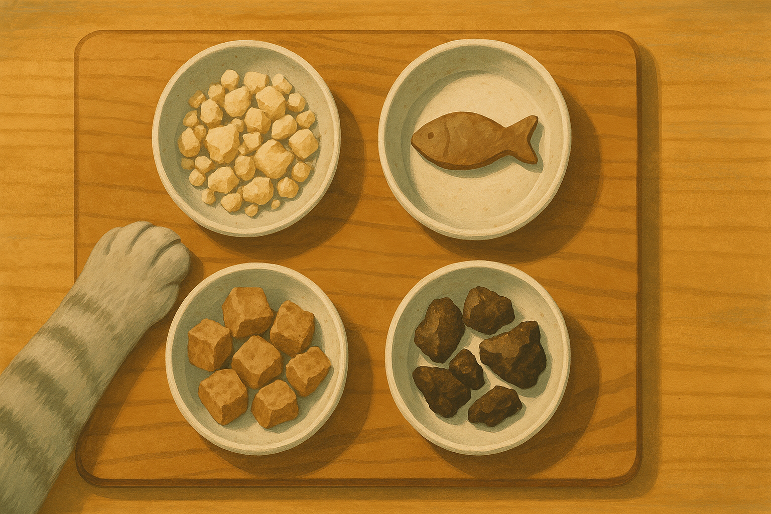 Overhead illustration of four small ceramic dishes on a wooden board, each holding a different freeze-dried single-ingredient cat treat, a cat paw entering the frame.