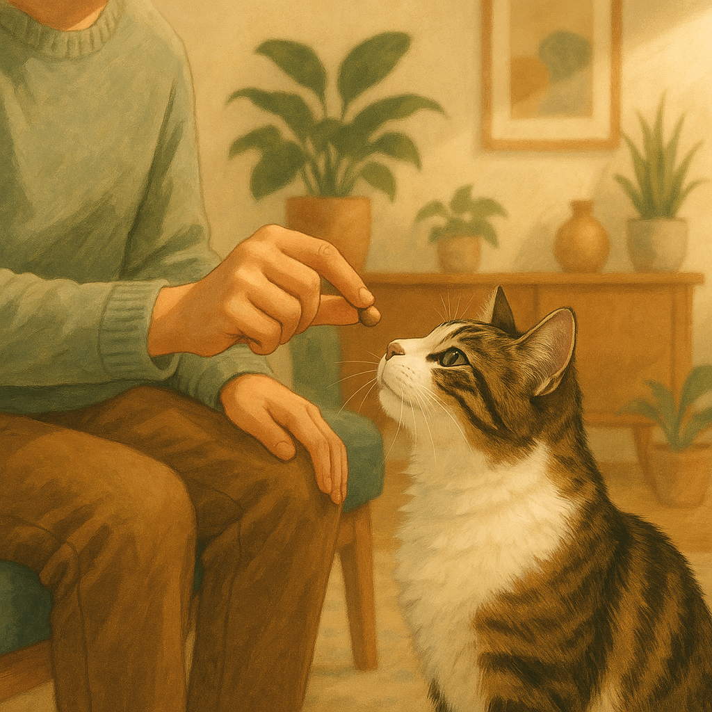 Illustration of a person gently offering a single freeze-dried treat from their fingertips to a cat that reaches up to accept it.