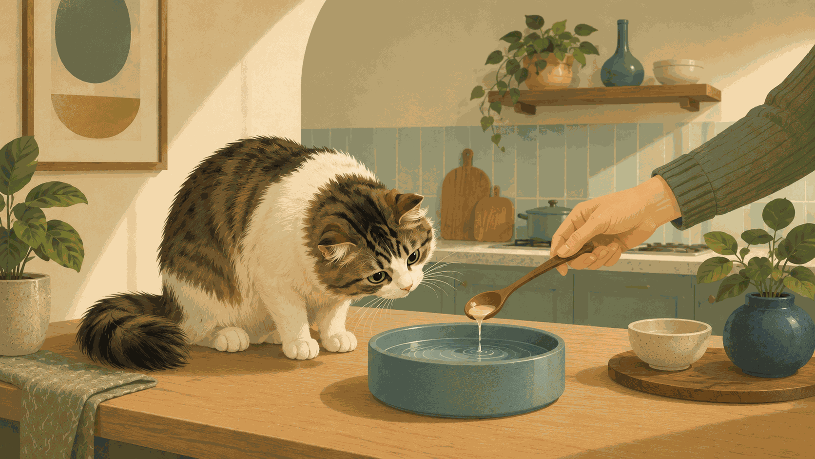Illustration of a small splash of broth being added to a cat's water bowl.