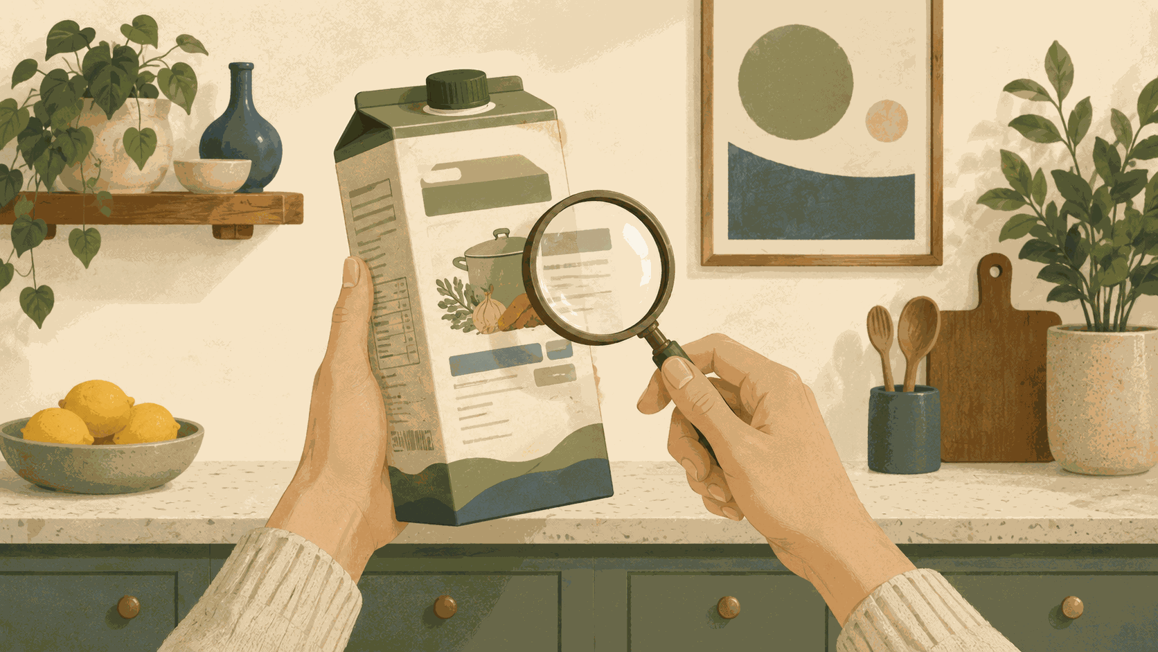 Illustration of a person inspecting the ingredient list on a broth container.