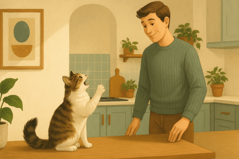 Illustration of a cat reaching up and meowing insistently toward an owner in a kitchen.