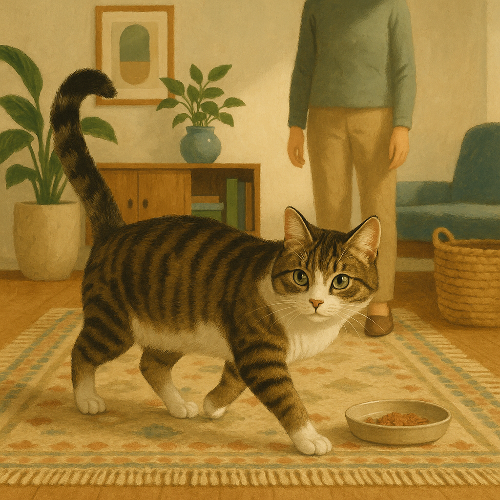 Illustration of a cat walking away from a dish of food, glancing back over its shoulder.