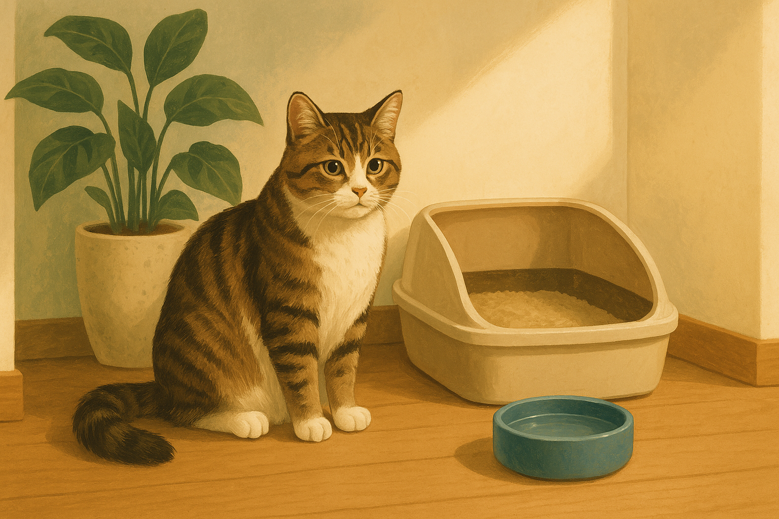 Illustration of a thoughtful cat beside a clean litter box and a water bowl in a sunlit apartment corner.