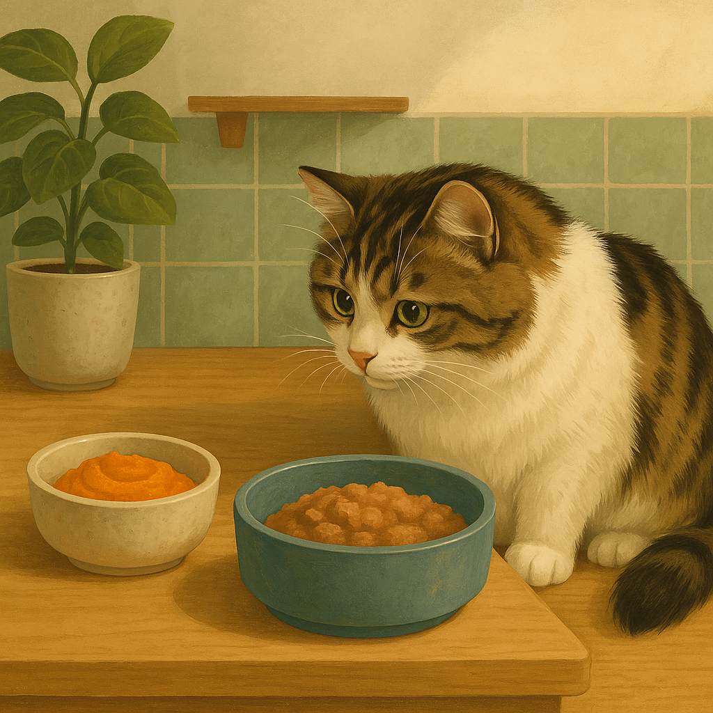 Illustration of a small bowl of pumpkin and a wet-food dish with a curious cat watching.