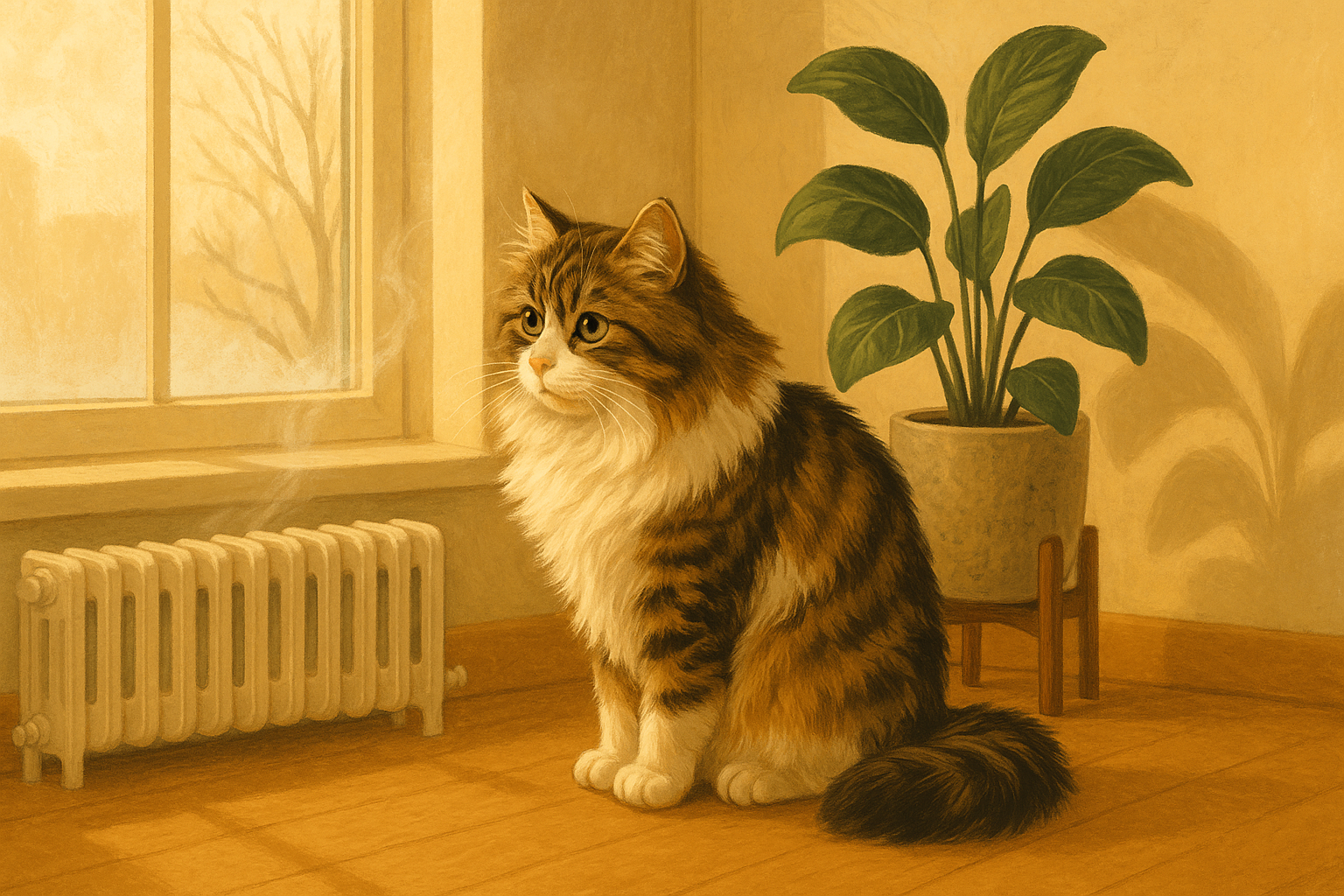 Illustration of a long-haired cat sitting near a sunny apartment window on a winter afternoon.