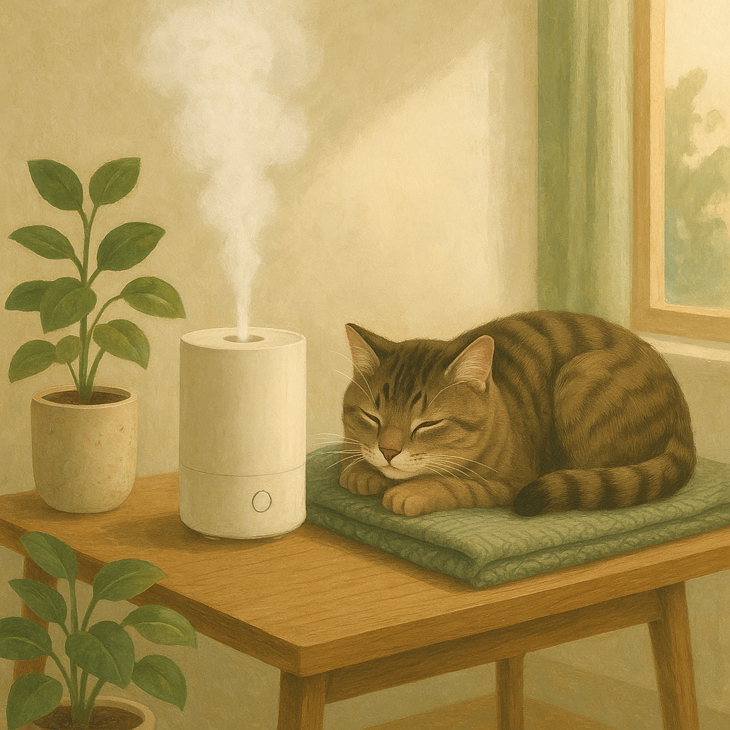 Illustration of a small humidifier on a side table in a sunlit corner with a cat resting nearby.