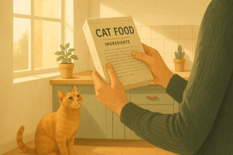 Illustration of a person inspecting a cat food package's ingredient list closely in a sunlit kitchen, with a ginger cat sitting at their feet.