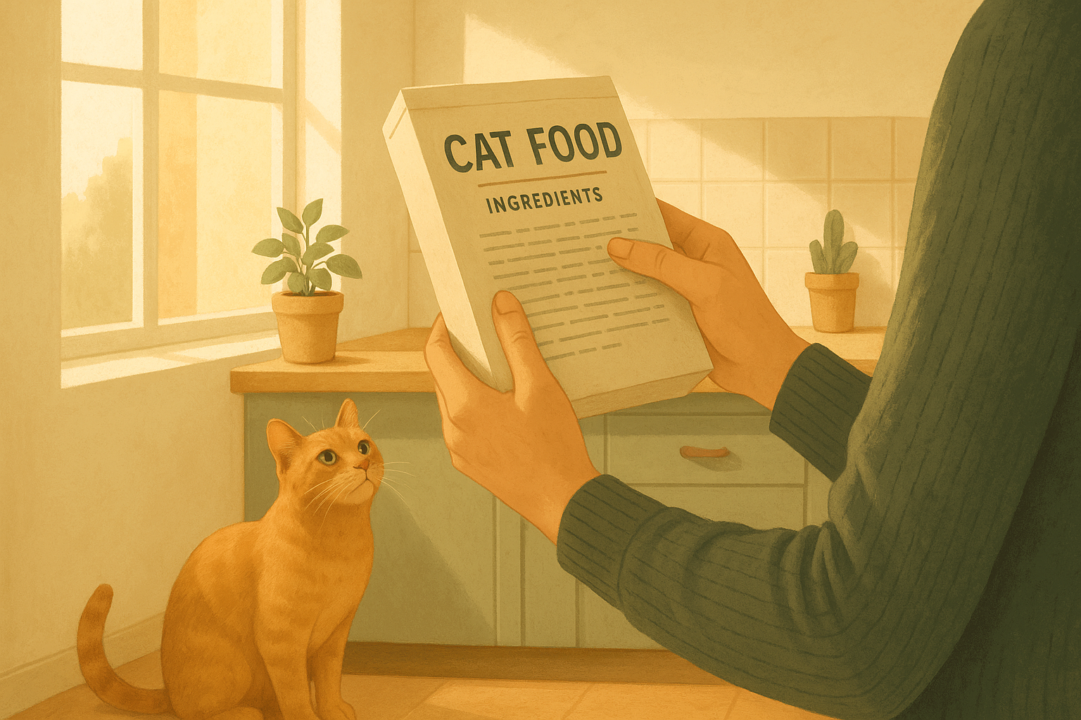 Illustration of a person inspecting a cat food package's ingredient list closely in a sunlit kitchen, with a ginger cat sitting at their feet.