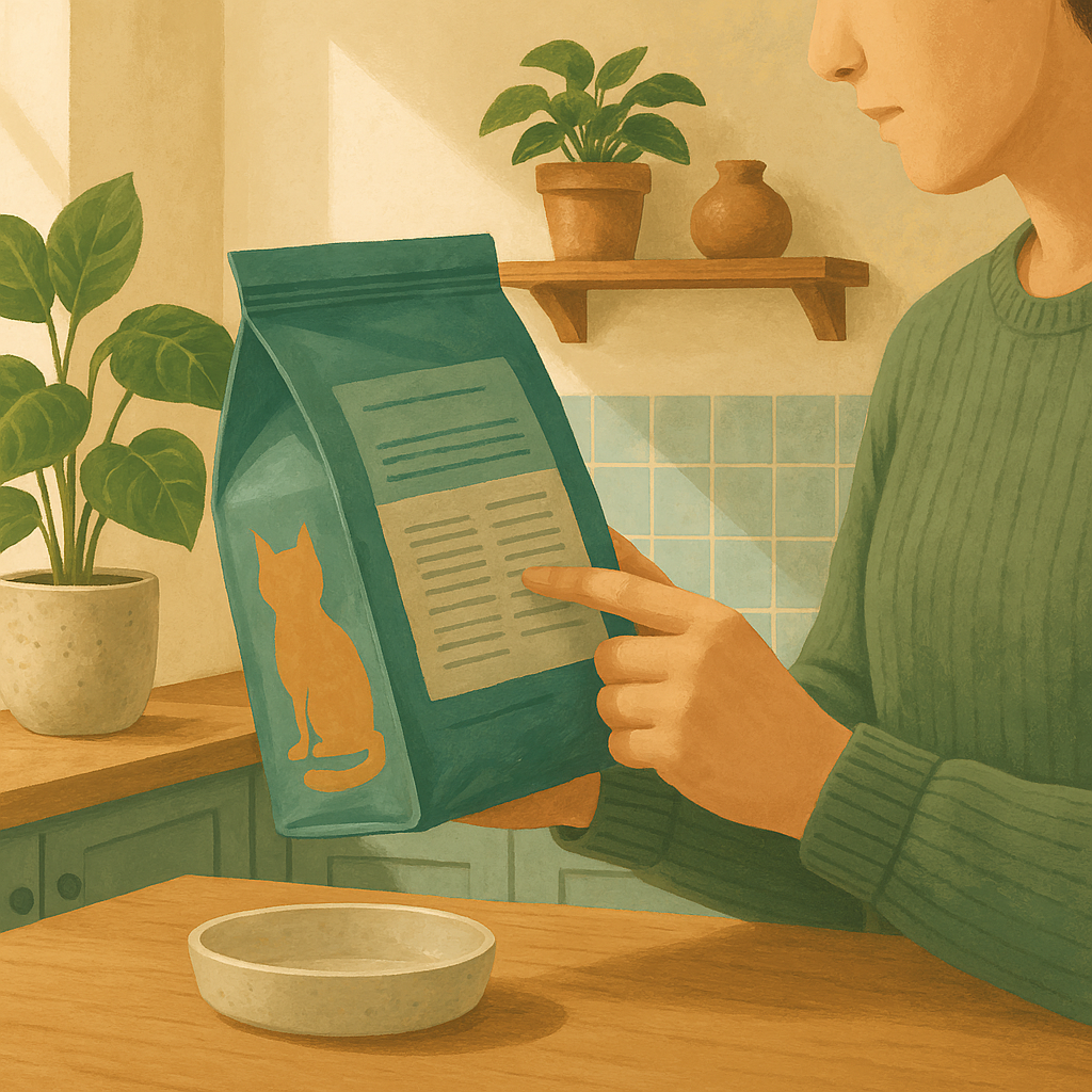 Illustration of a person reading the ingredient label on a bag of cat food in a sunlit kitchen.