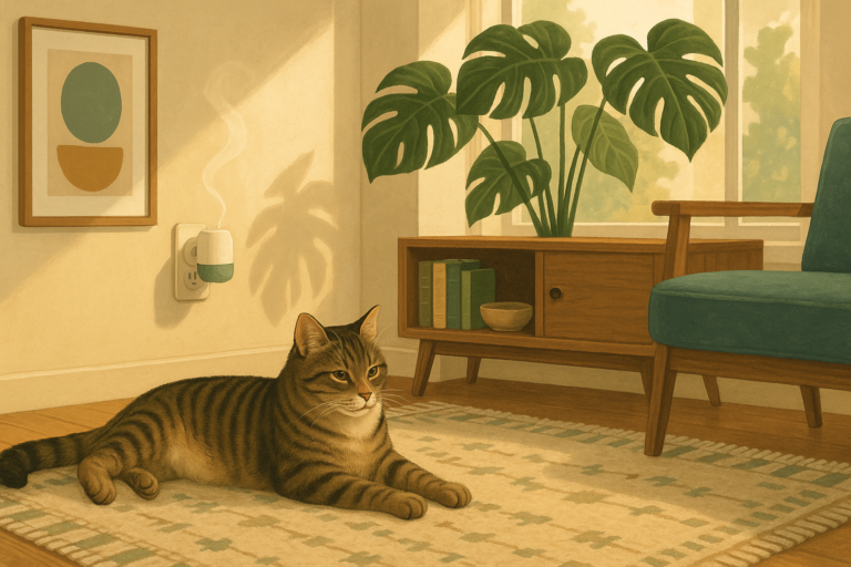 Illustration of a small plug-in pheromone diffuser in a wall outlet with a calm cat lounging on a rug nearby.