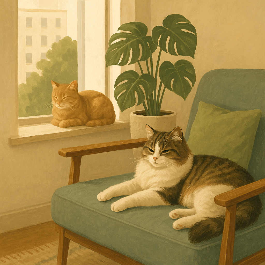 Illustration of two cats resting calmly in the same living room, one on a windowsill perch and one on an armchair.