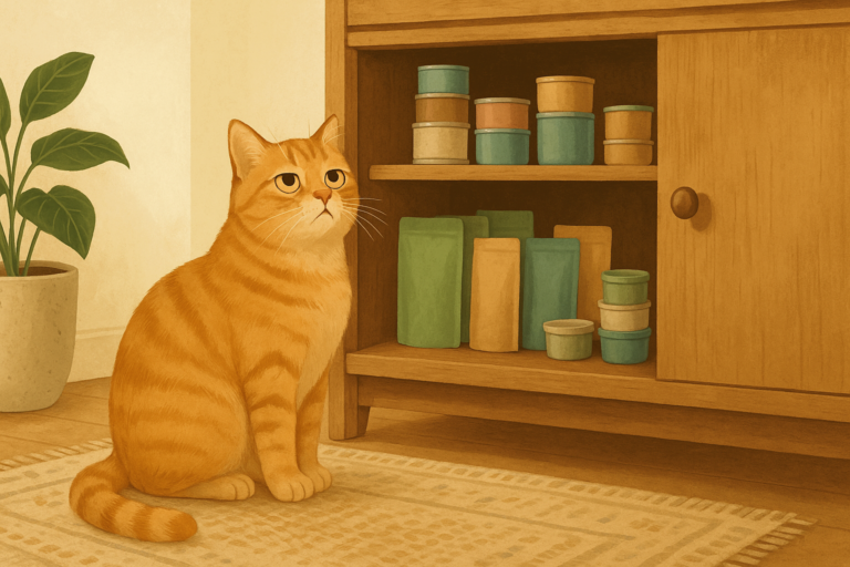 Illustration of an orange tabby cat sitting in front of an open cupboard stocked with many different cat food containers, looking unimpressed by the choices.