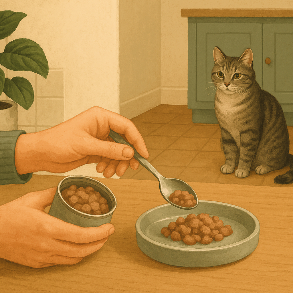 Illustration of a person spooning wet food into a small dish at a kitchen counter while an attentive cat watches from nearby.