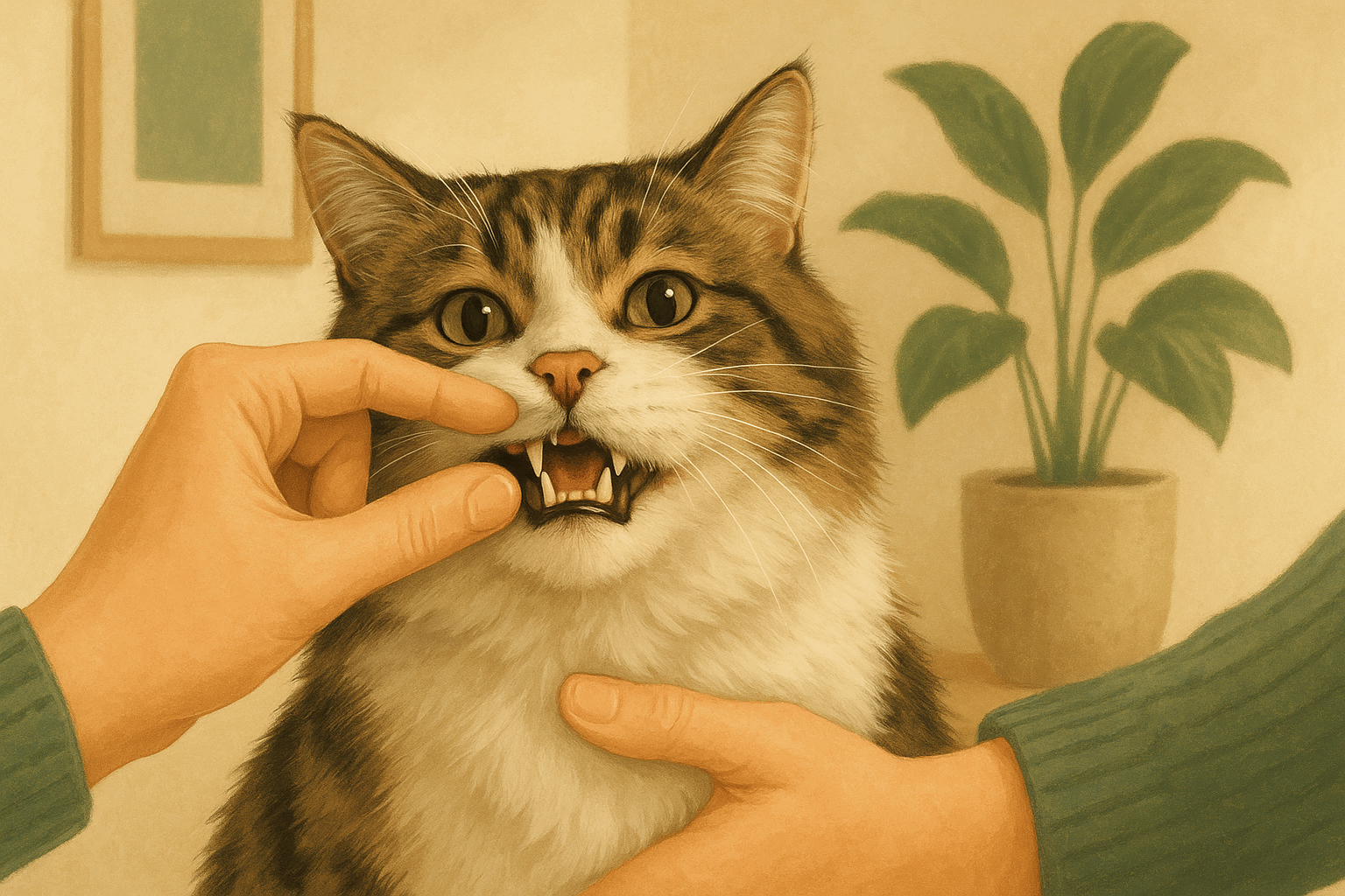 Illustration of a person gently lifting a calm cat's lip to check its teeth and gums.