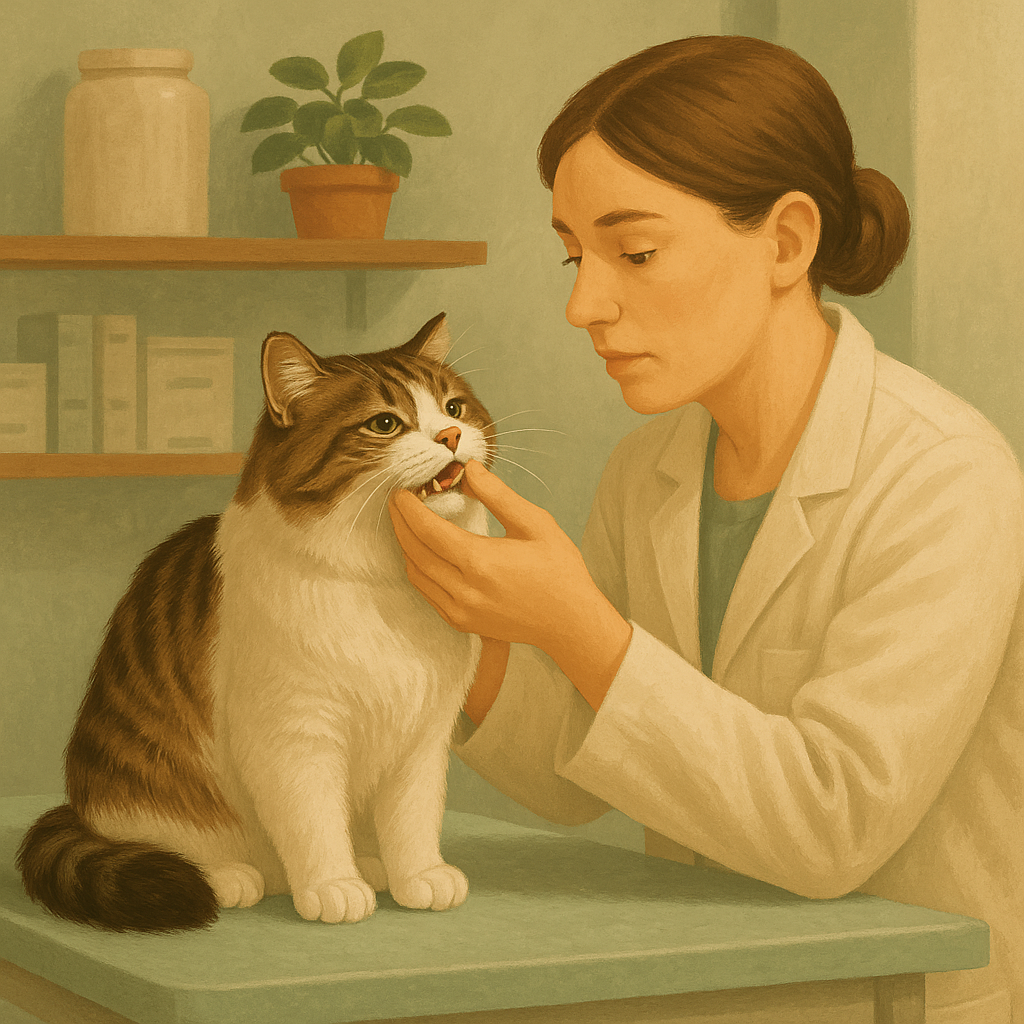 Illustration of a veterinarian gently examining a calm cat's mouth on a clinic exam table.