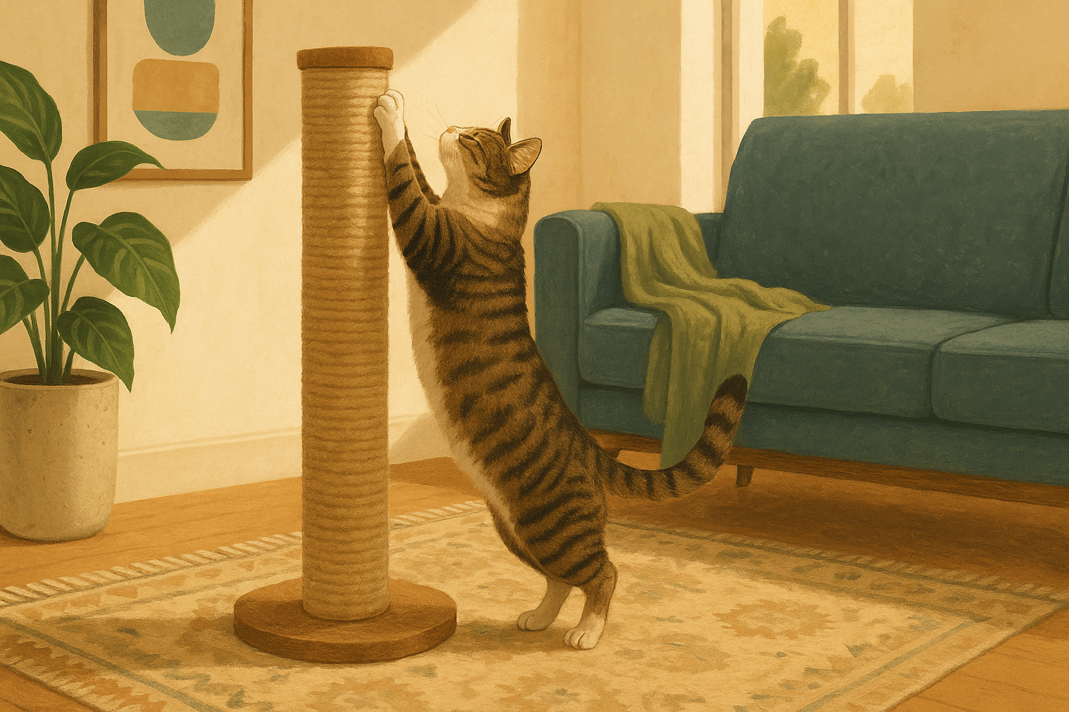 Illustration of a cat stretching upward against a tall sisal scratching post in a sunlit apartment living room.