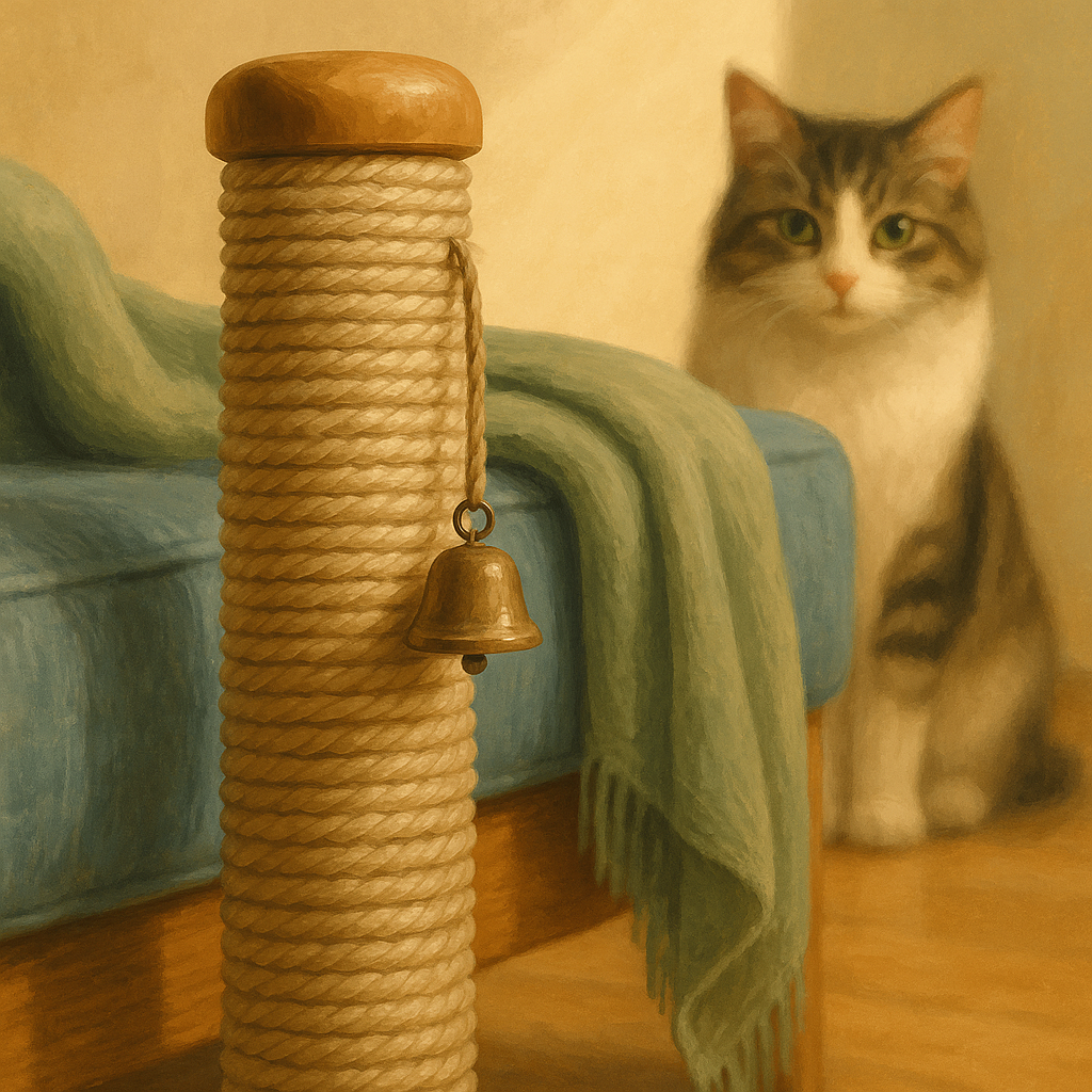 Illustration of a sisal scratching post placed next to a couch arm covered with a soft throw blanket.