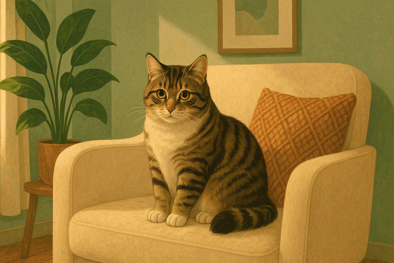 Illustration of a relaxed cat on a cream armchair with visible loose hair on the cushion.