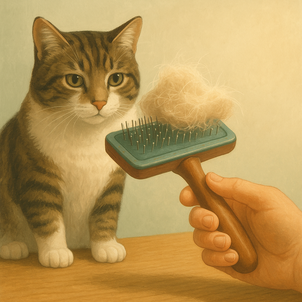 Illustration of a slicker brush with loose cat hair coming out of the bristles, a calm cat watching in the background.