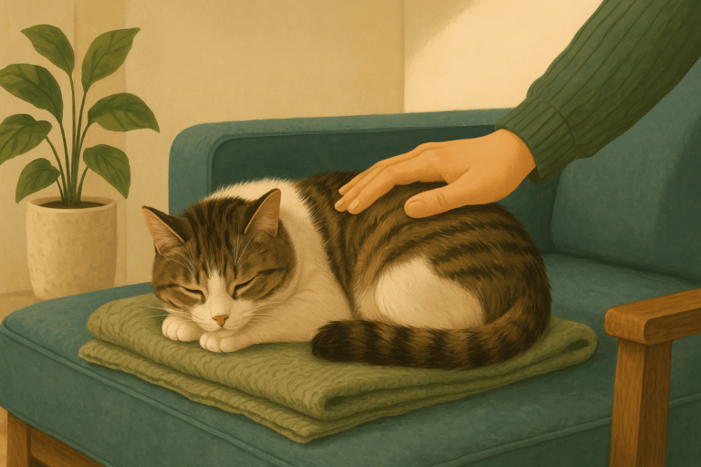 Illustration of a subdued cat curled up on a blanket with an owner's hand resting gently on its back.
