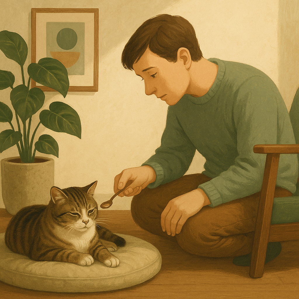 Illustration of a person gently offering a spoonful of warmed food to a subdued cat resting on a cushion.
