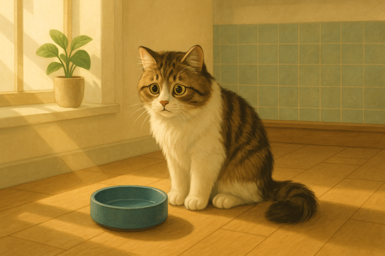 Illustration of a cat sitting next to an empty food bowl in early-morning light.