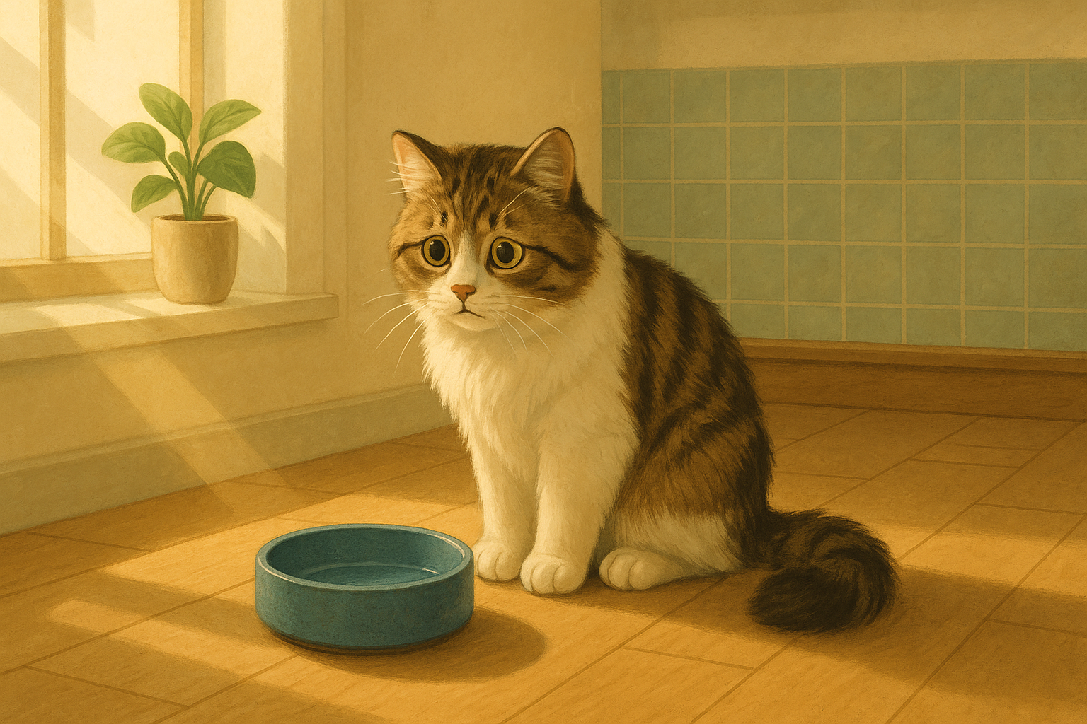 Illustration of a cat sitting next to an empty food bowl in early-morning light.