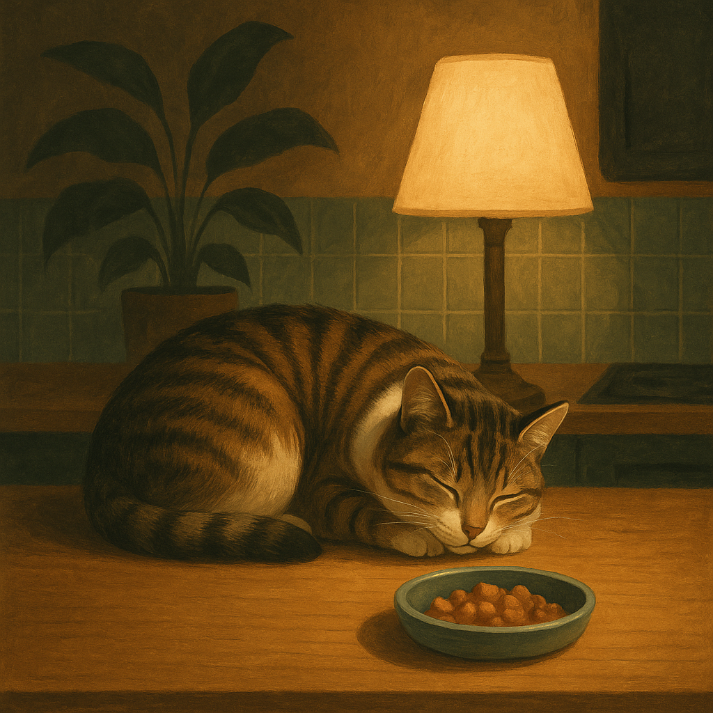 Illustration of a small evening meal beside a contented cat in soft lamplight.