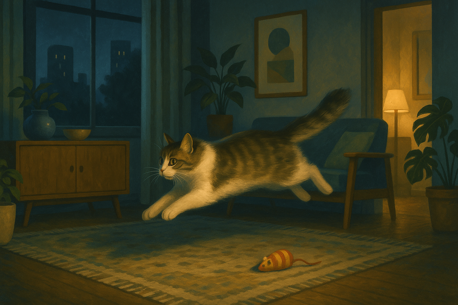 Illustration of a cat in mid-leap across a moonlit apartment living room at night.