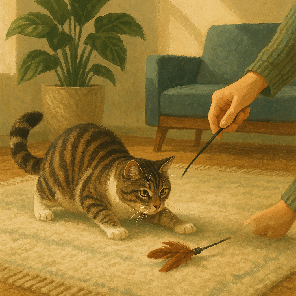 Illustration of a person playing with a cat using a feather wand toy in an afternoon living room.