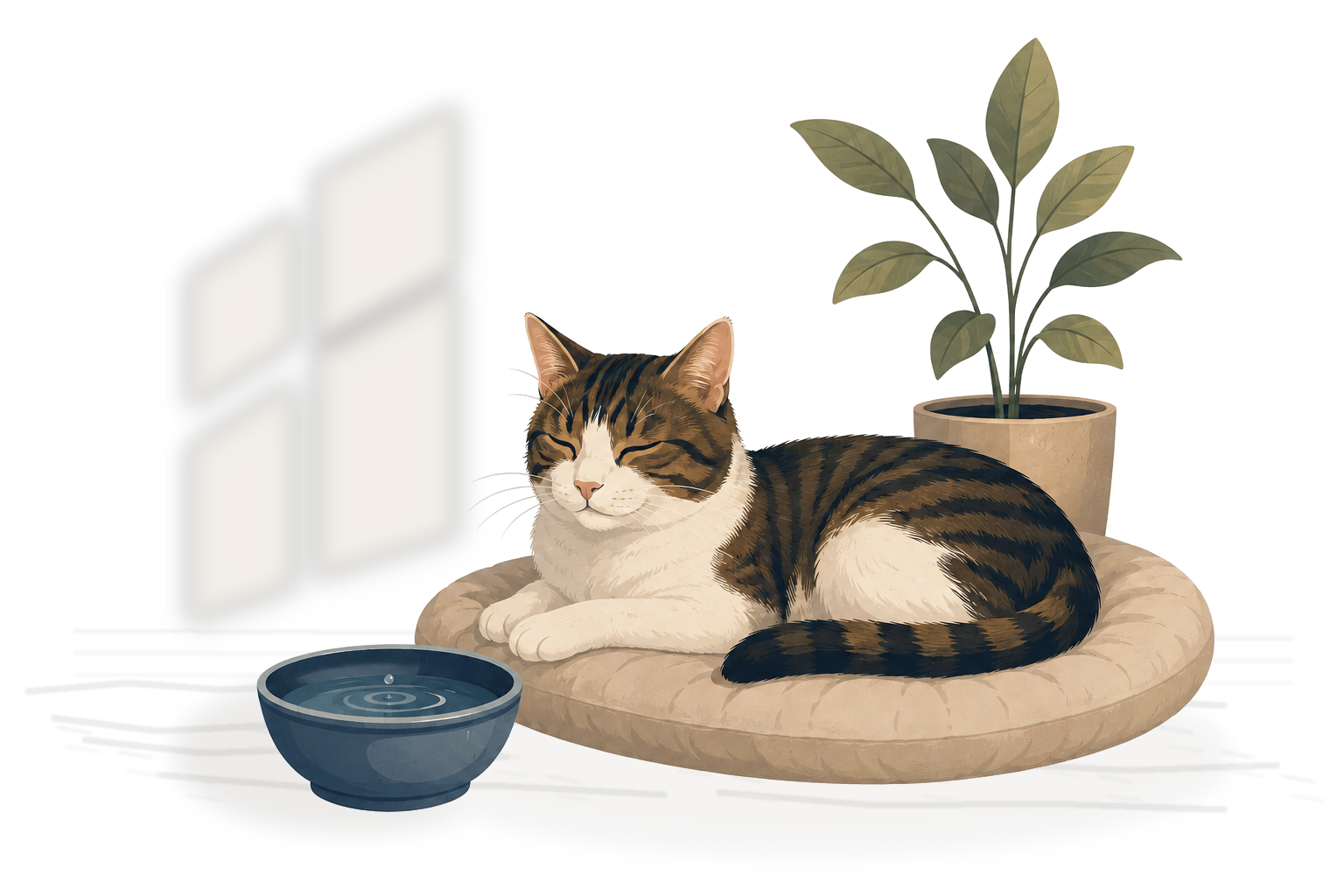 An indoor cat resting at home beside a water bowl