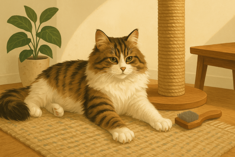 Illustration of a calm cat lounging with claws naturally extended next to a sisal scratching post in a sunlit room.