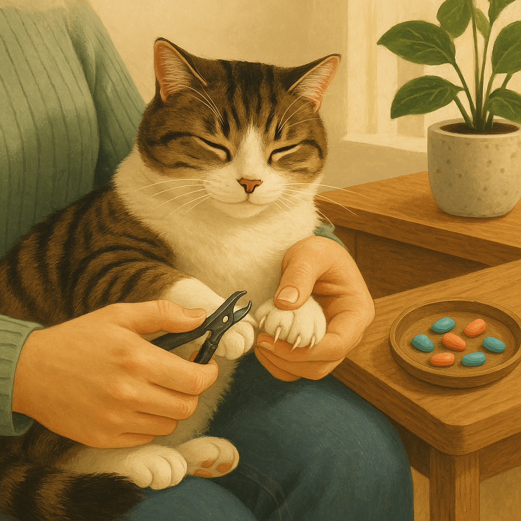 Illustration of a person gently trimming a cat's claw in a sunlit room, with a small set of soft nail caps visible nearby.