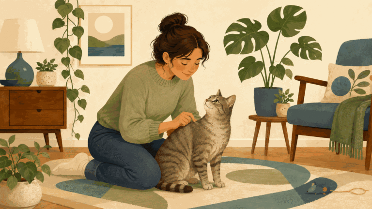 Illustration of a cat owner gently testing skin elasticity at the shoulders to check for dehydration.