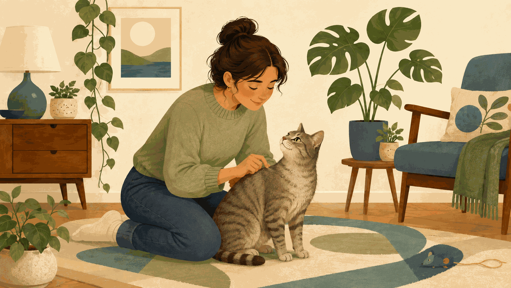 Illustration of a cat owner gently testing skin elasticity at the shoulders to check for dehydration.