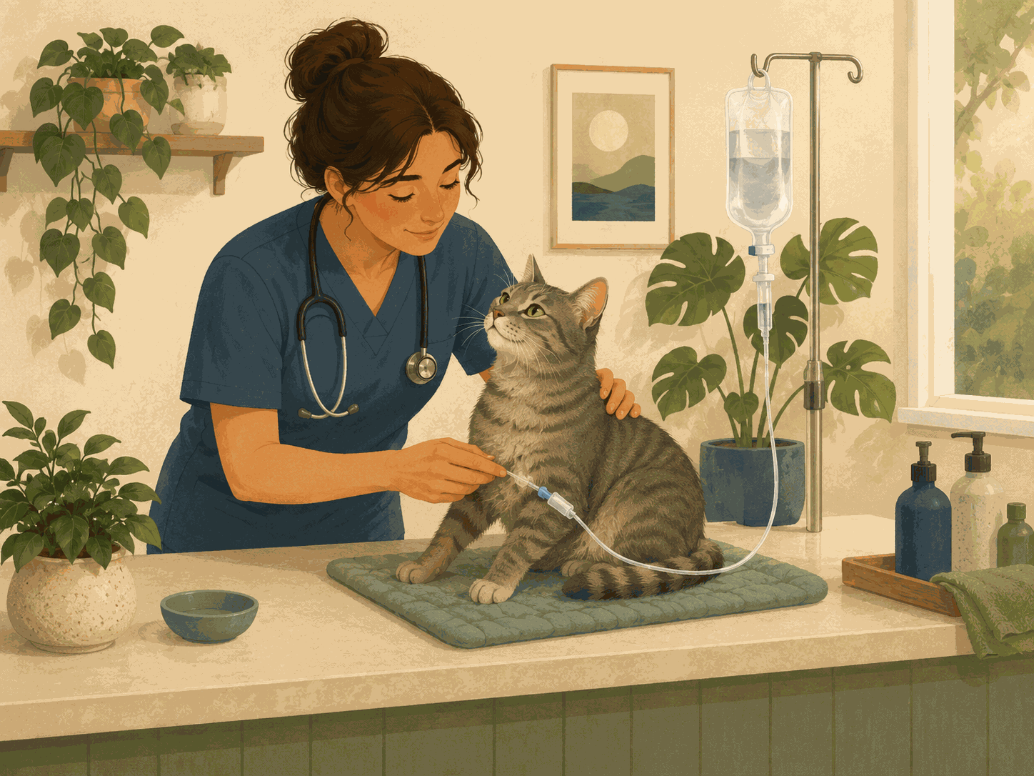 Illustration of a cat receiving subcutaneous fluids at a vet clinic.