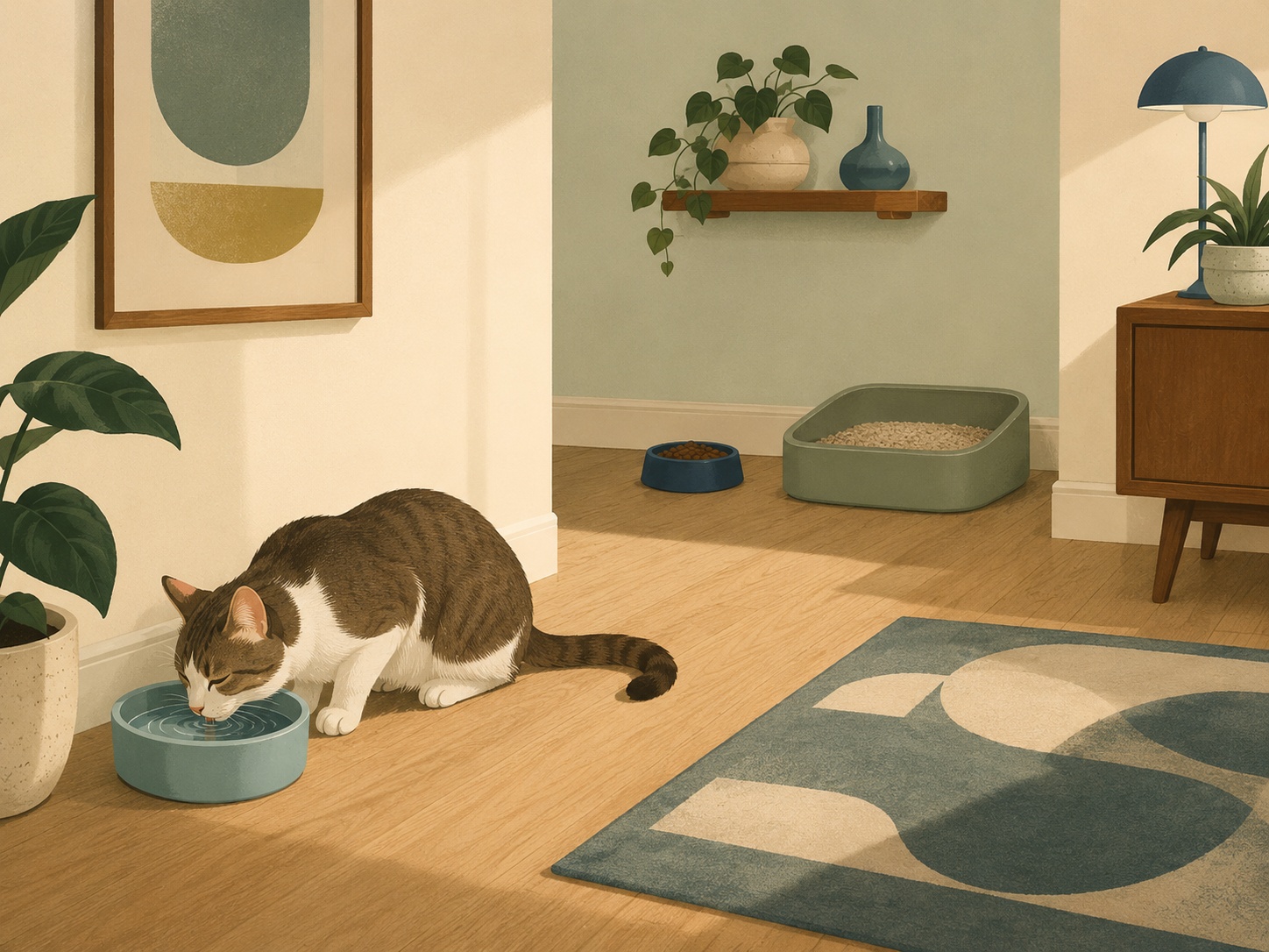 A cat drinking from a water bowl placed in a quiet corner, away from food and the litter box.