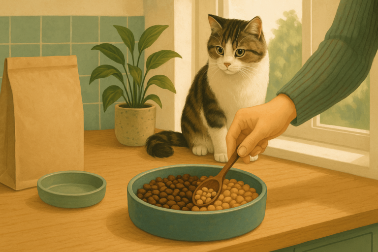 Illustration of hands mixing a small amount of new cat food into a bowl of current food while a cat watches from a windowsill.