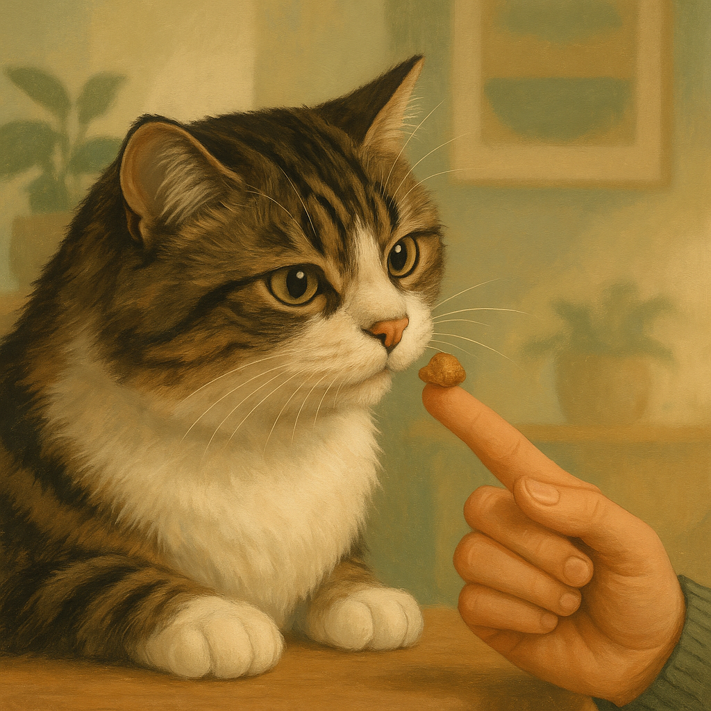 Illustration of a cautious cat sniffing an unfamiliar piece of food held out on a person's fingertip.