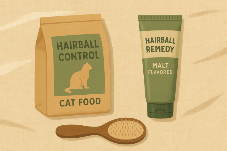 Overhead flatlay illustration comparing two cat care products on a linen cloth: hairball-control kibble bag on the left, hairball remedy gel tube on the right, with a grooming brush at the edge of the frame.