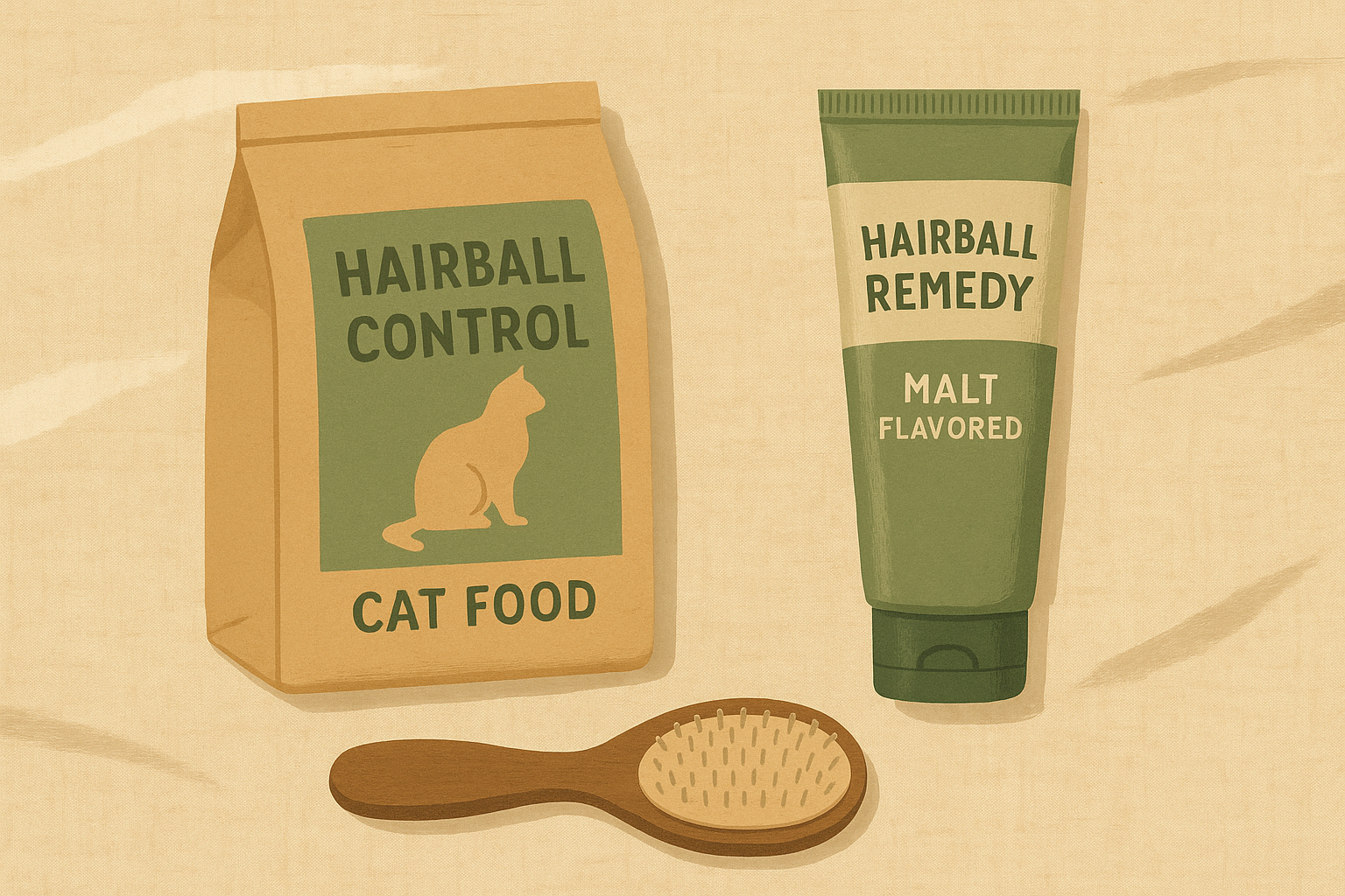 Overhead flatlay illustration comparing two cat care products on a linen cloth: hairball-control kibble bag on the left, hairball remedy gel tube on the right, with a grooming brush at the edge of the frame.