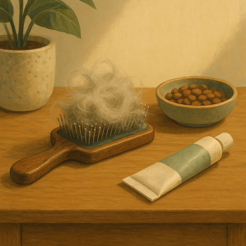 Illustration of a grooming brush full of loose hair next to a dish of cat food and a tube of hairball remedy.