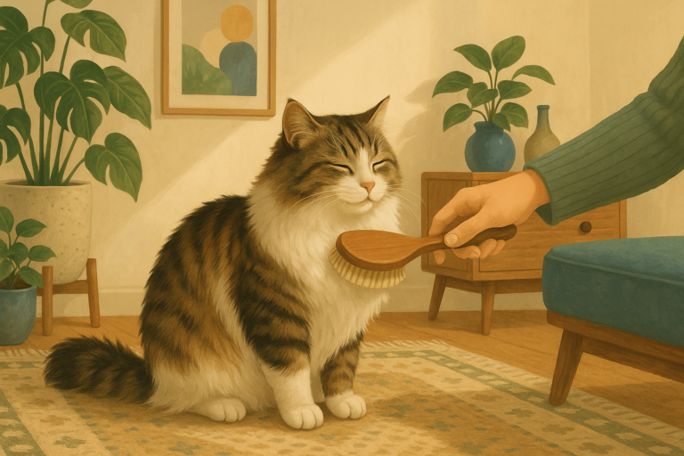 Illustration of a long-haired cat being gently brushed in a sunlit living room.