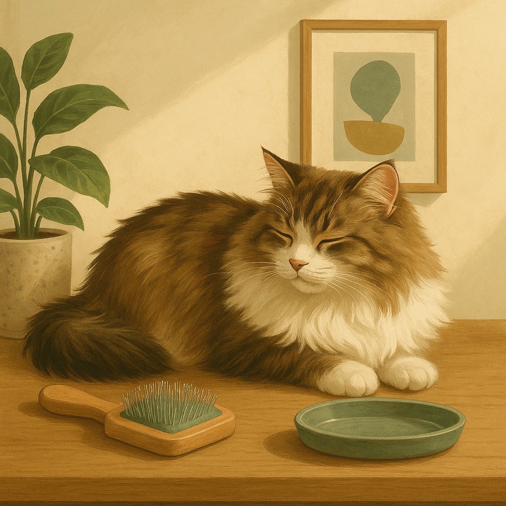 Illustration of a grooming brush and a calm cat resting on a wooden side table in soft daylight.