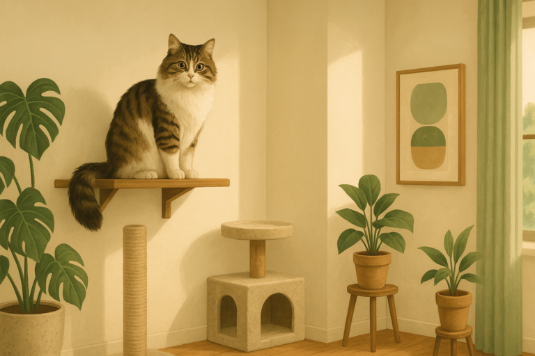 Illustration of a calm cat perched on a wall shelf above a sisal scratching post in a sunlit apartment.