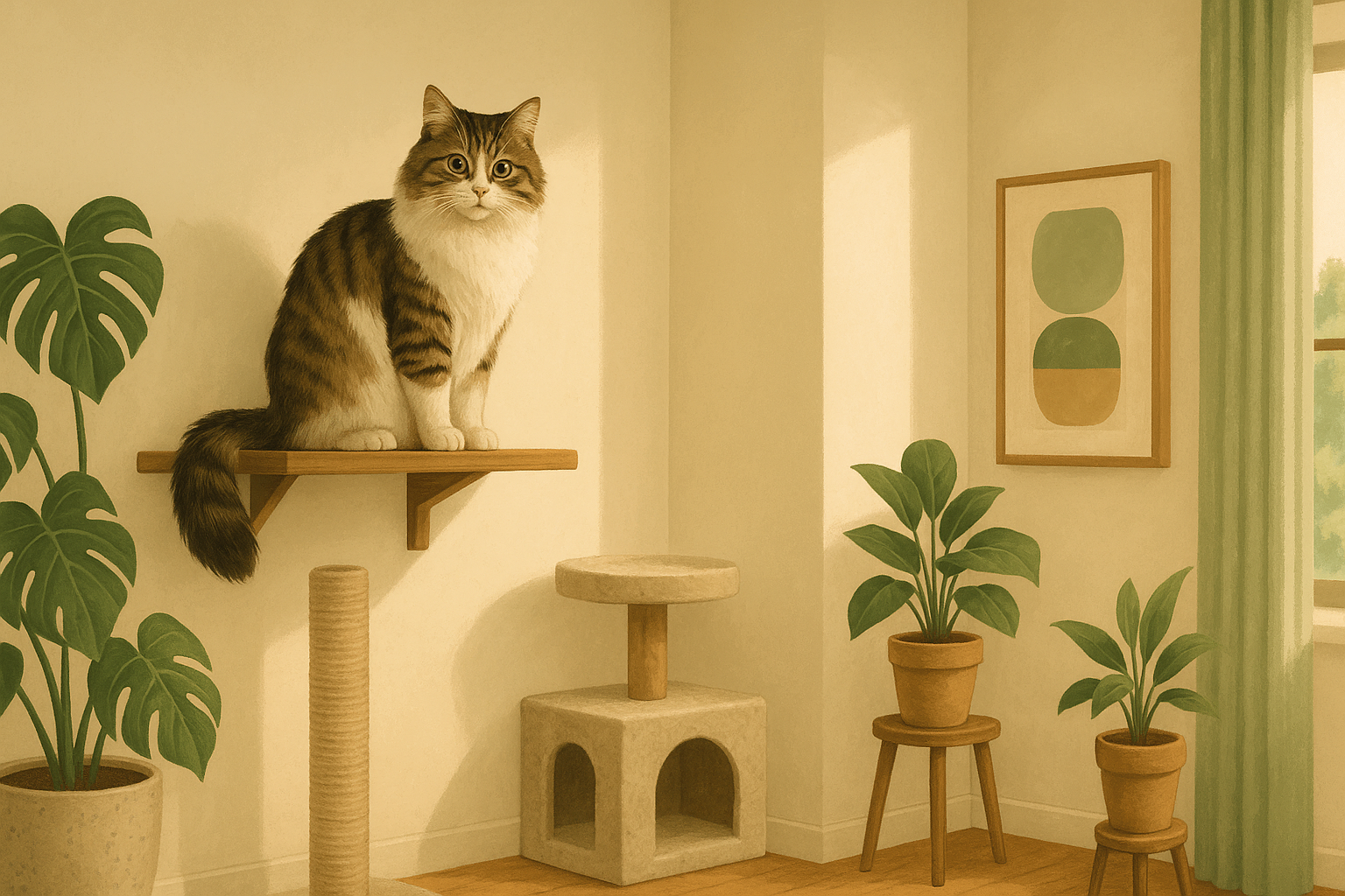 Illustration of a calm cat perched on a wall shelf above a sisal scratching post in a sunlit apartment.